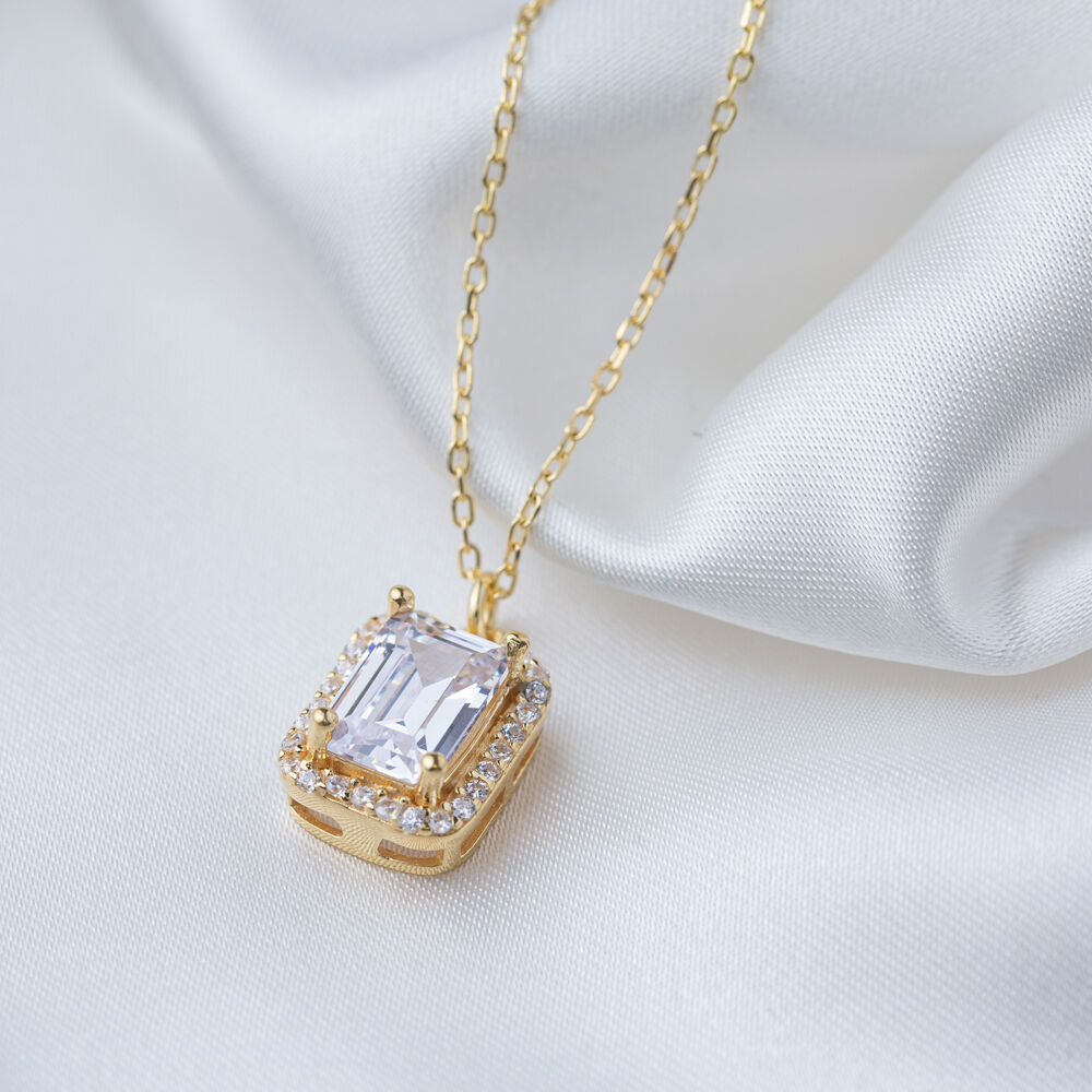 Dainty Square Shape Shiny Zircon Stone Charm Necklace Turkish Handmade 925 Sterling Silver Jewelry