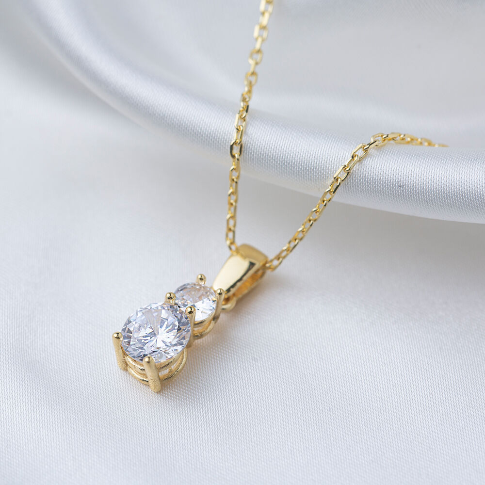 Elegant Design Double Round Zircon Stone Charm Necklace Turkish Handmade 925 Sterling Silver Jewelry