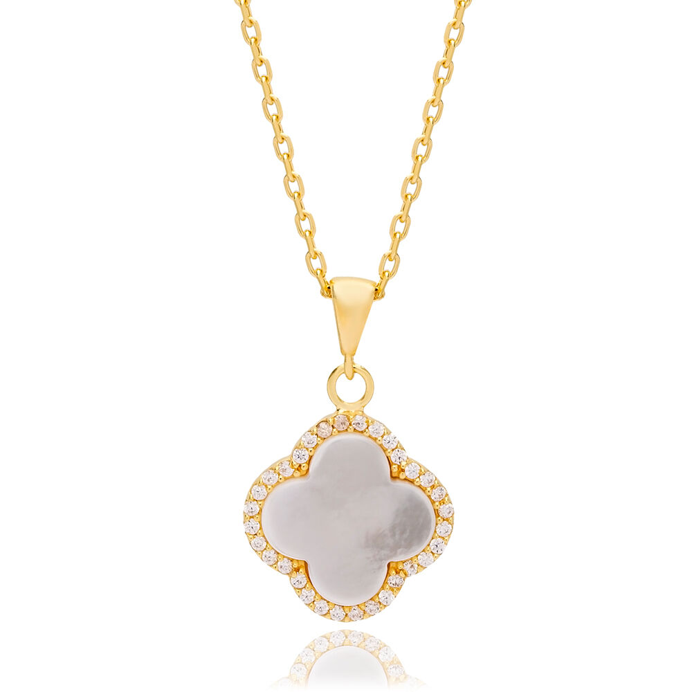 Clover Design White Shell Zircon Stone Charm Necklace 925 Sterling Silver Jewelry