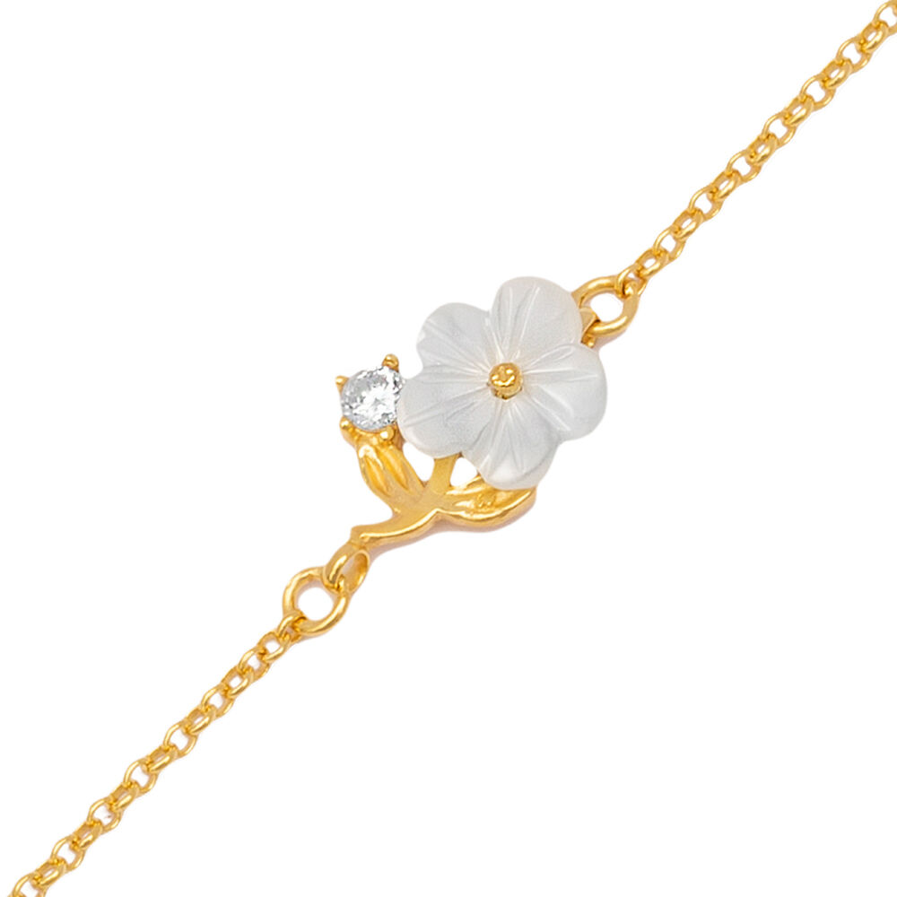 White Flower Design Shiny Zircon Stone Charm Bracelet Turkish Handmade 925 Sterling Silver Jewelry