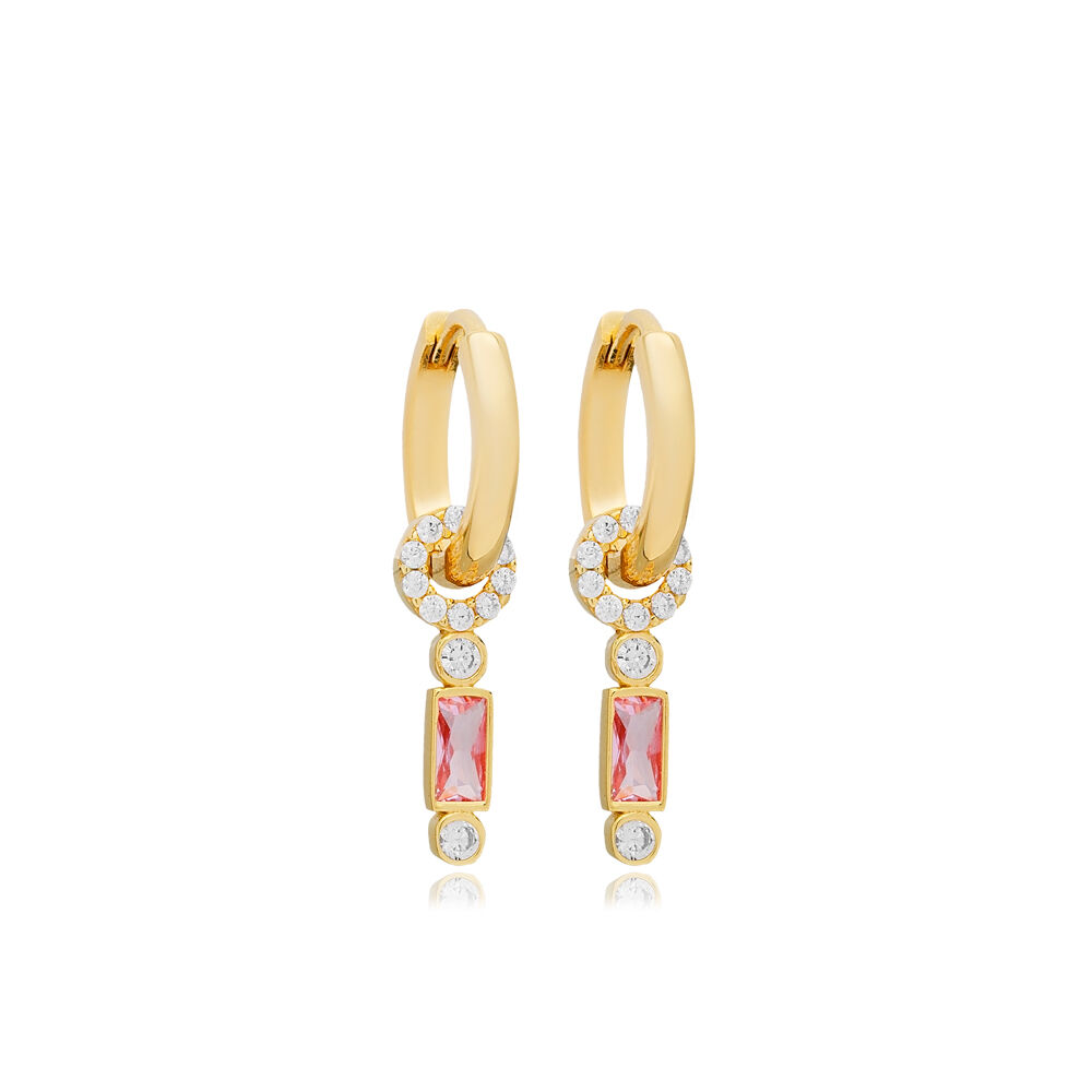 Cute Baguette Pink Quartz Stone Hollow Design Dangle Earrings 925 Sterling Silver Jewelry