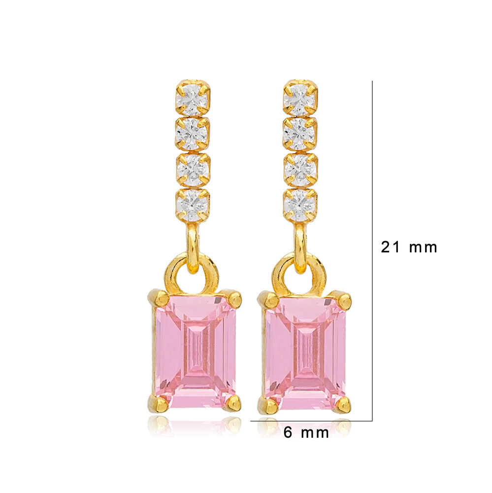 Rectangle Shape Pink Quartz with Zircon Stone Stud Earrings 925 Sterling Silver Jewelry