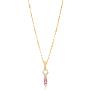 Minimalist Baguette Pink Quartz Stone Hollow Design Charm Necklace 925 Sterling Silver Jewelry