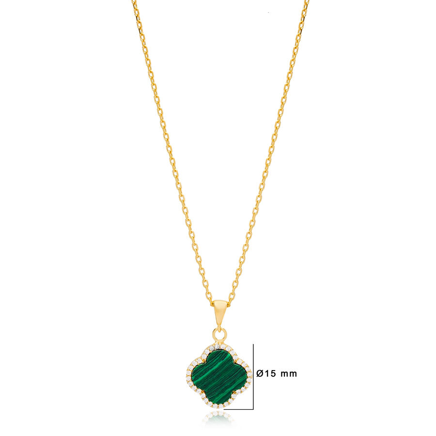 Clover Design Malachite with Zircon Stone Charm Necklace 925 Sterling Silver Jewelry