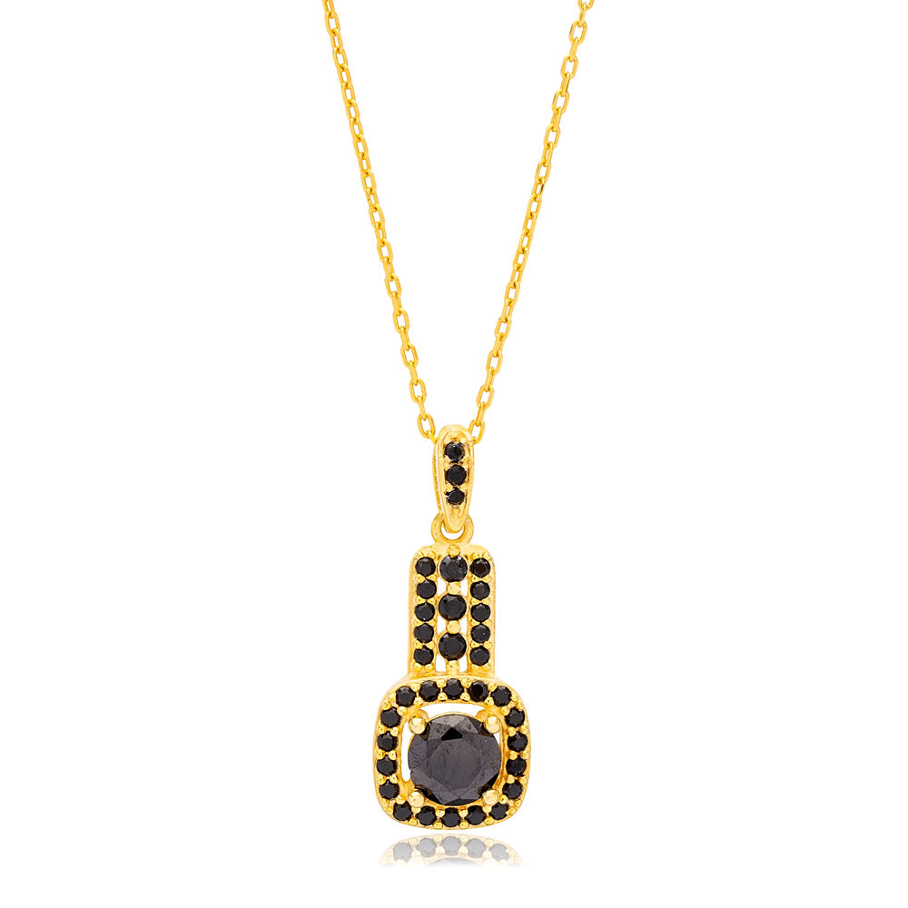 Elegant Design Round Black Zircon Stone Square Charm Necklace 925 Sterling Silver Jewelry