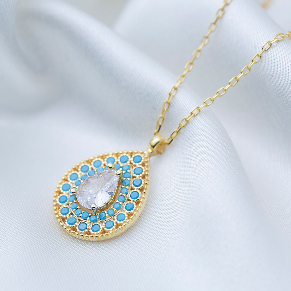 Pear Cut Zircon Stone with Turquoise Stone Pear Shape Charm Necklace 925 Sterling Silver Jewelry