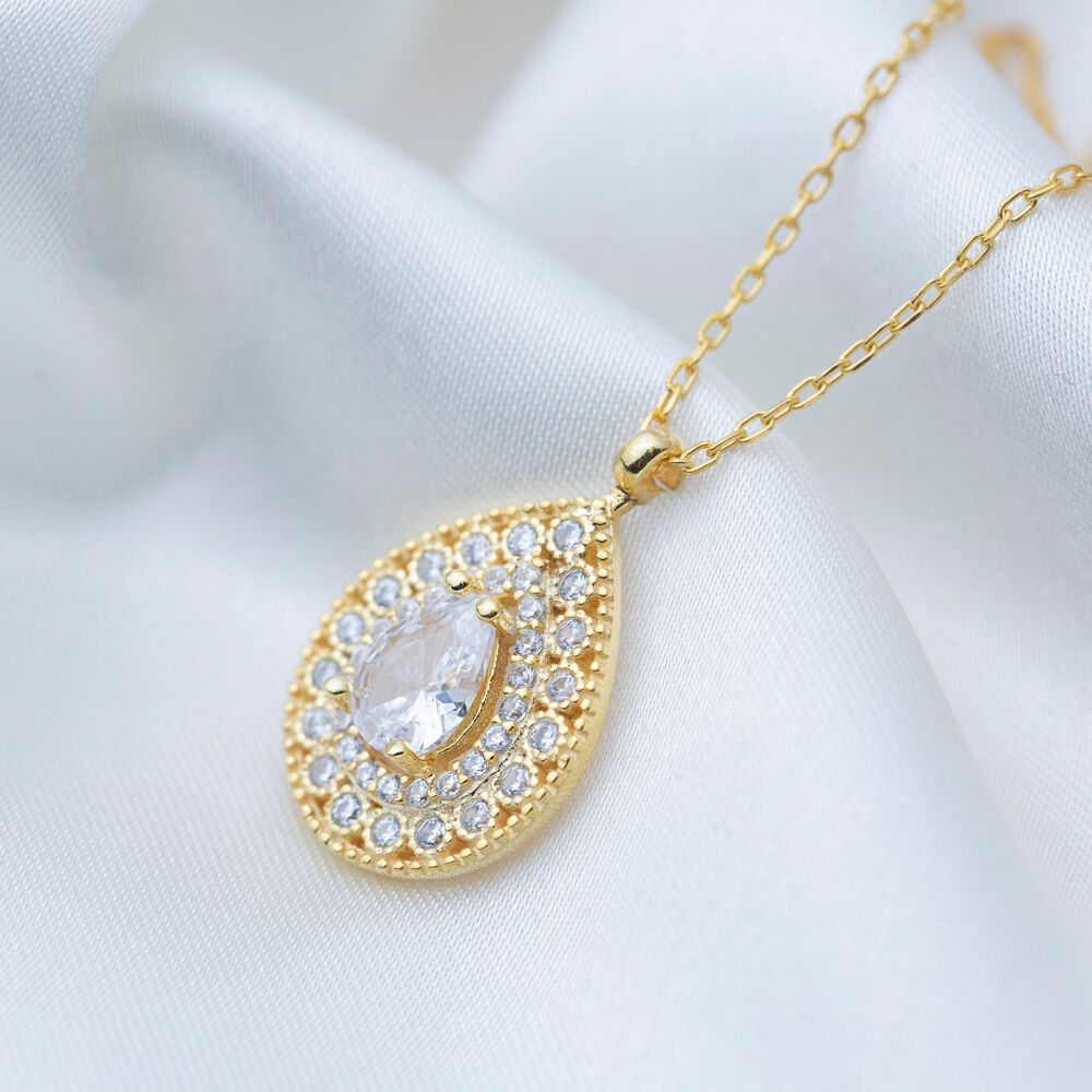 Pear Cut Shiny Zircon Stone Pear Shape Charm Necklace Turkish Handmade 925 Sterling Silver Jewelry