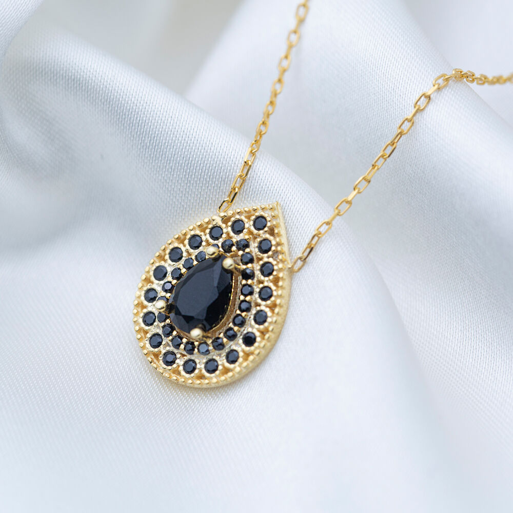 Pear Cut Black Zircon Stone Pear Shape Charm Necklace Turkish Handmade 925 Sterling Silver Jewelry
