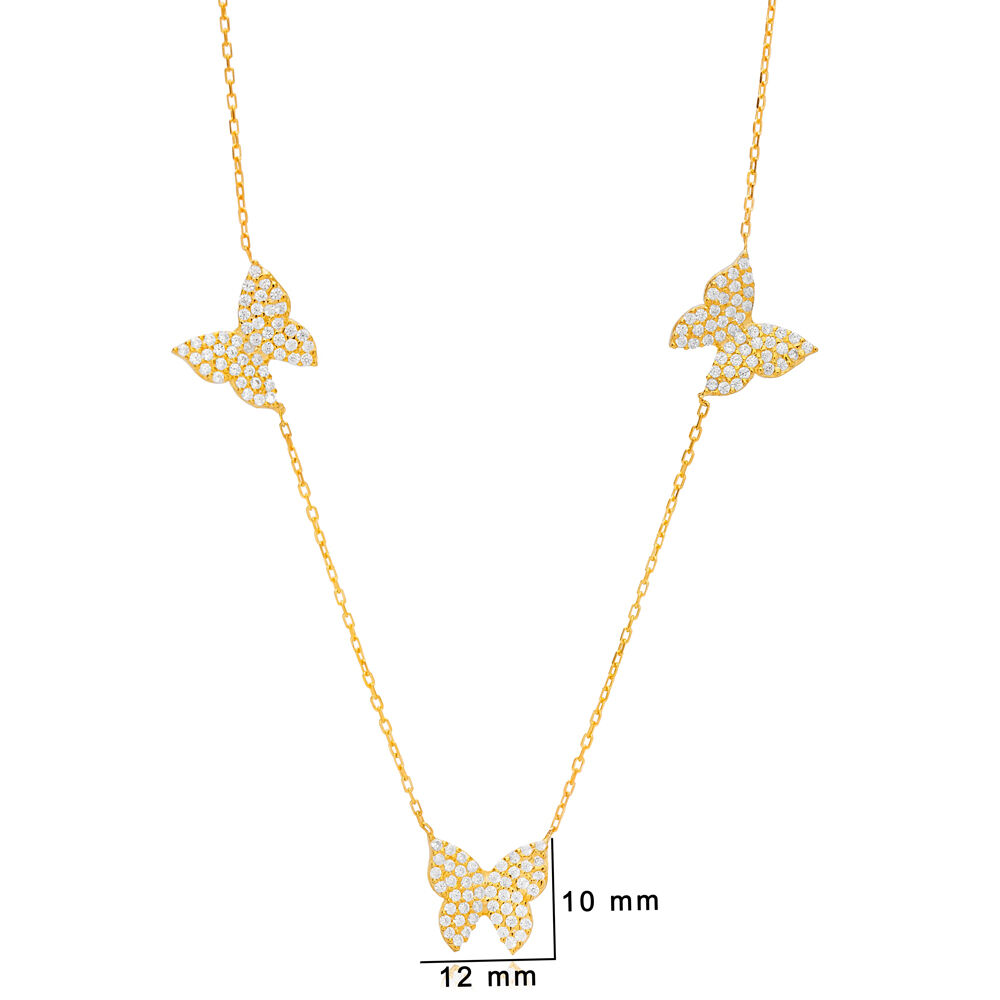 Triple Butterfly Animal Design Shiny Zircon Stone Shaker Necklace Handmade 925 Sterling Silver Jewelry
