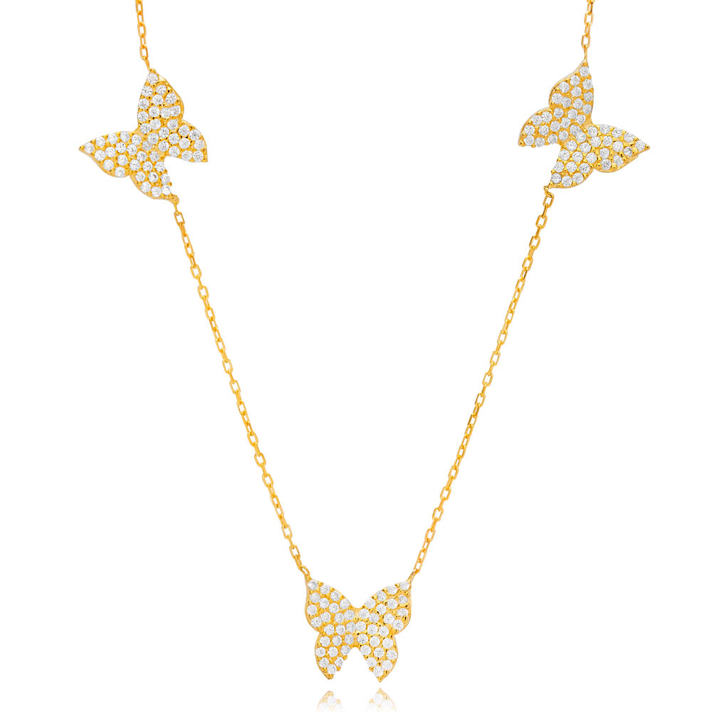 Triple Butterfly Animal Design Shiny Zircon Stone Shaker Necklace Handmade 925 Sterling Silver Jewelry