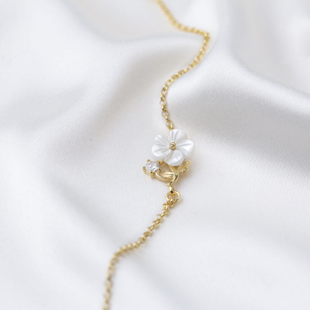 White Flower Design Shiny Zircon Stone Charm Bracelet Turkish Handmade 925 Sterling Silver Jewelry
