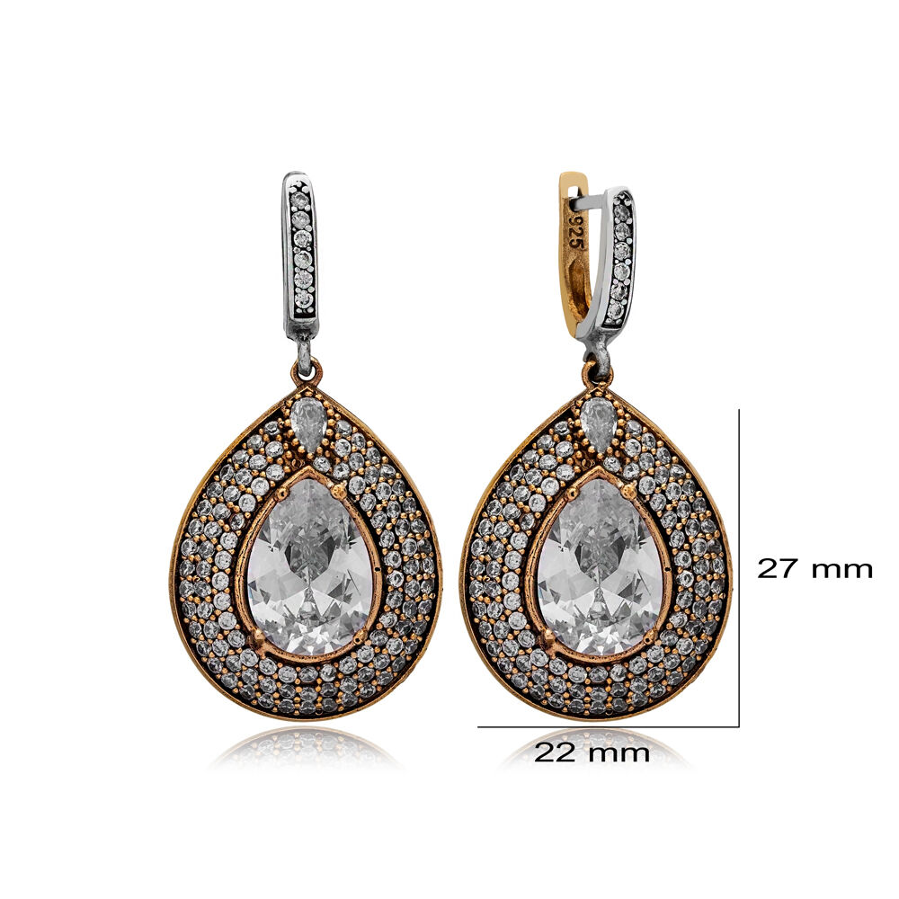 Drop Shape Zircon Stone Authentic Silver Earrings Turkish Handmade 925 Sterling Silver Jewelry