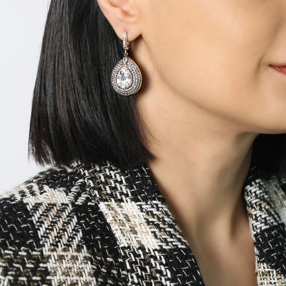 Drop Shape Zircon Stone Authentic Silver Earrings Turkish Handmade 925 Sterling Silver Jewelry
