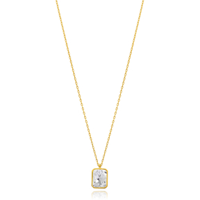 Square Shape Zircon Stone Minimalist Design Charm Necklace Turkish Handmade Wholesale 925 Silver Sterling Jewelry