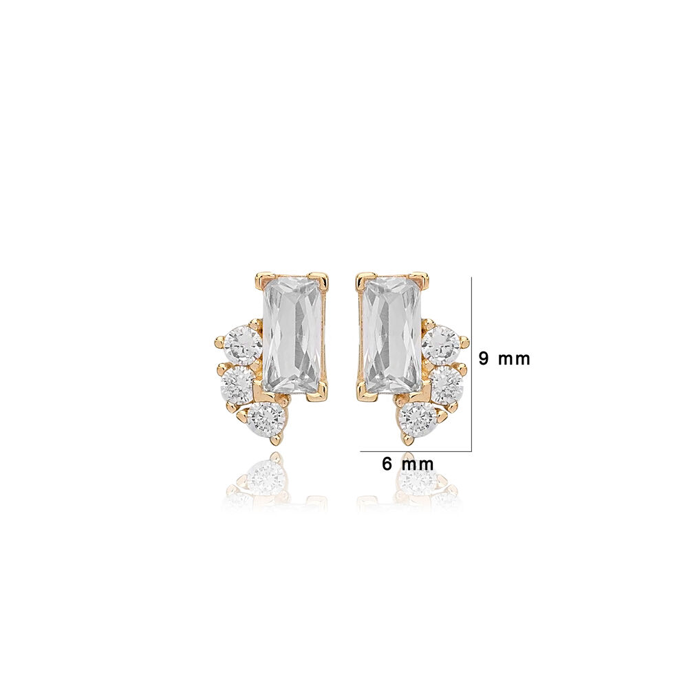 Tiny Clear Zircon Stone Baguette Stud Earrings Turkish Handmade 925 Sterling Silver Jewelry