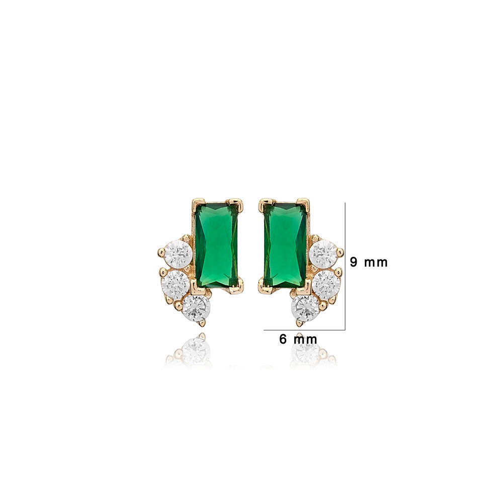 Tiny Clear Emerald Stone Baguette Stud Earrings Turkish Handmade 925 Sterling Silver Jewelry