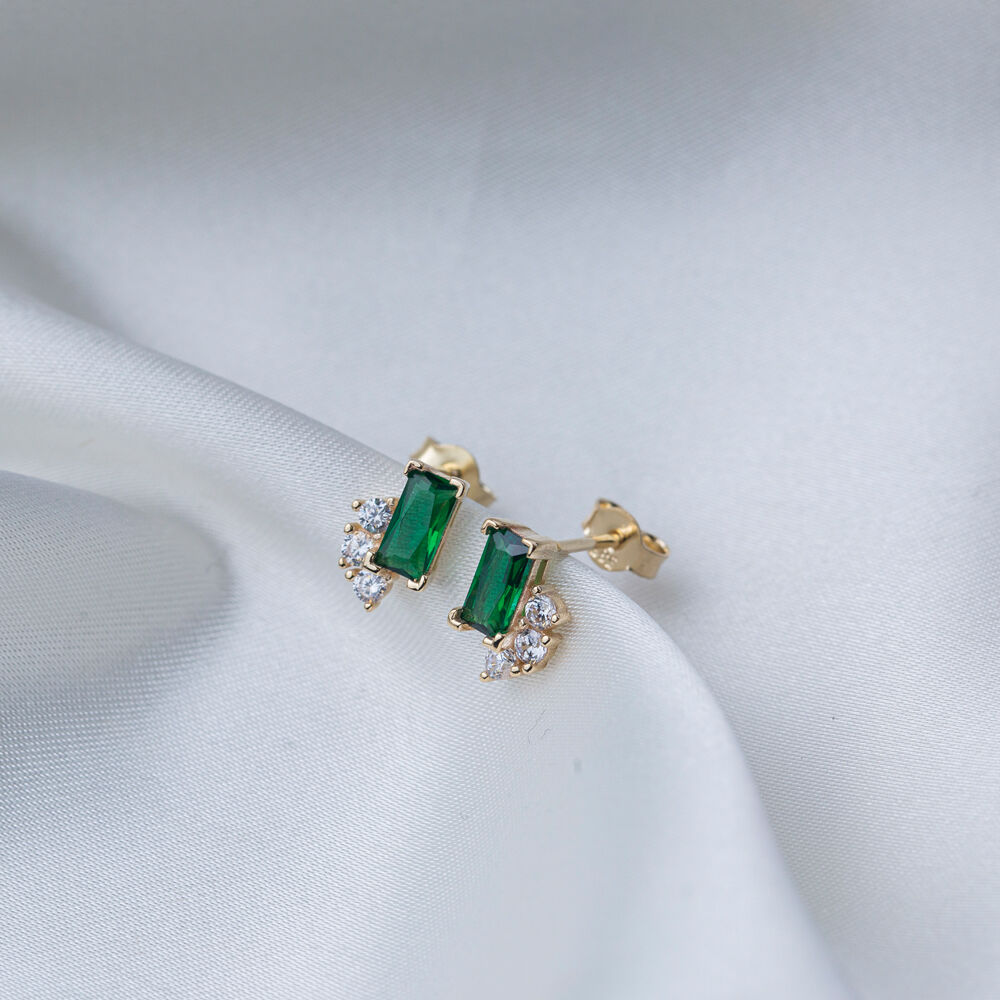 Tiny Clear Emerald Stone Baguette Stud Earrings Turkish Handmade 925 Sterling Silver Jewelry