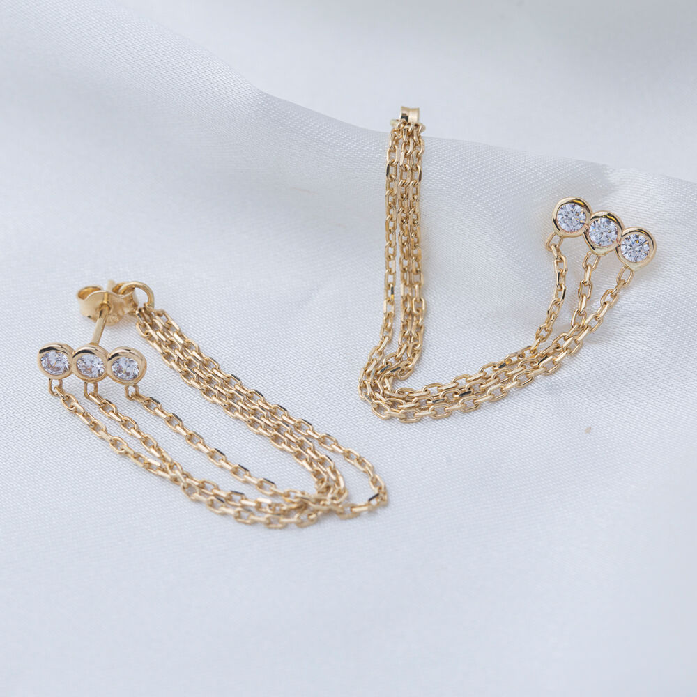 Triple Zircon Stone Chain Design Long Earrings Turkish Handmade 925 Silver Sterling Jewelry