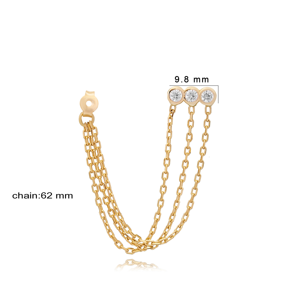 Triple Zircon Stone Chain Design Single Earring Turkish Handmade 925 Silver Sterling Jewelry