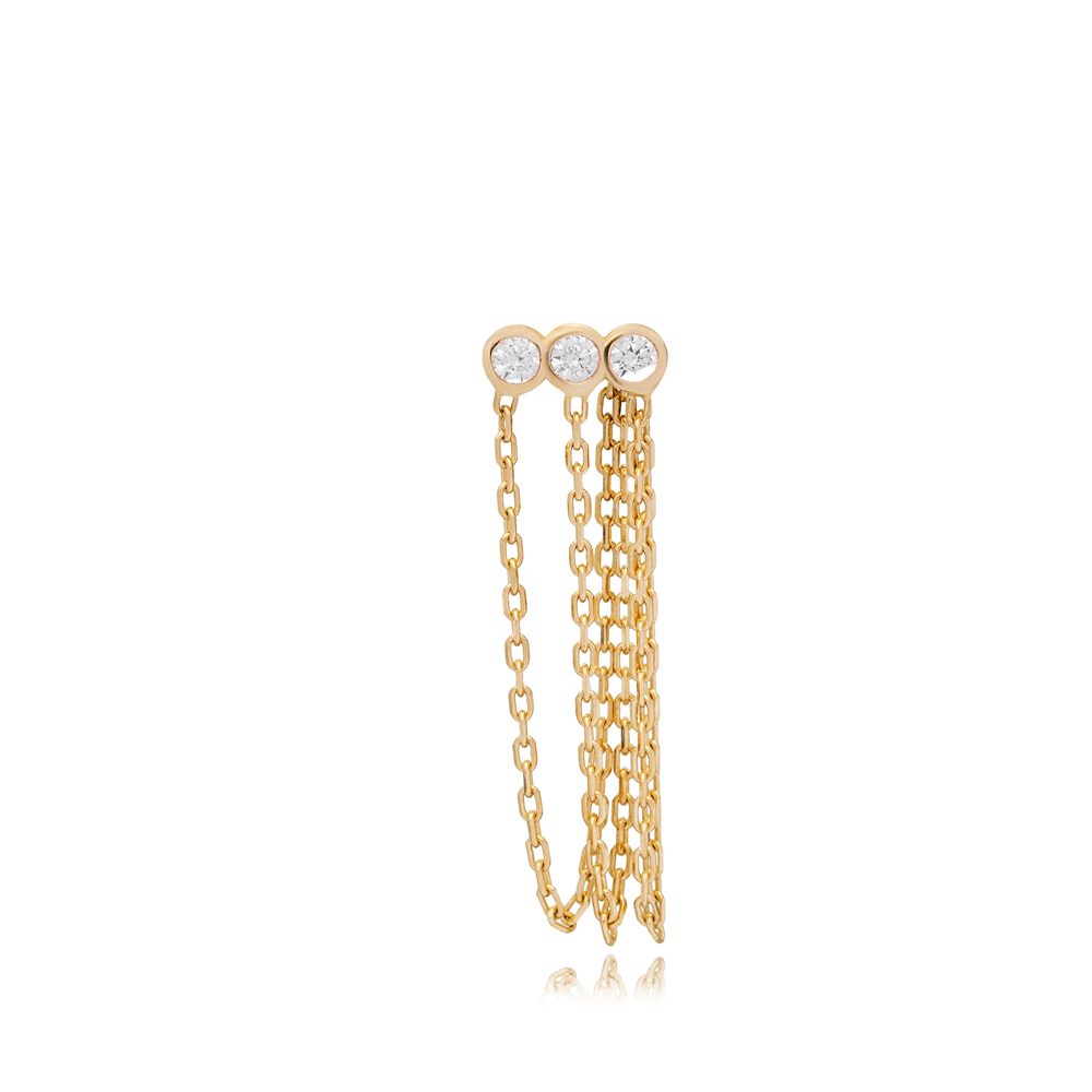 Triple Zircon Stone Chain Design Single Earring Turkish Handmade 925 Silver Sterling Jewelry