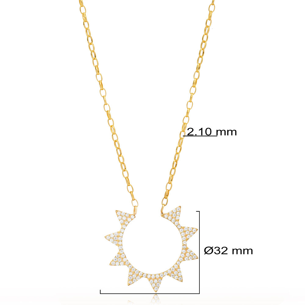 Dainty Sun Design Zircon Stone Charm Necklace Woman Pendant Turkish Handmade 925 Sterling Silver Jewelry