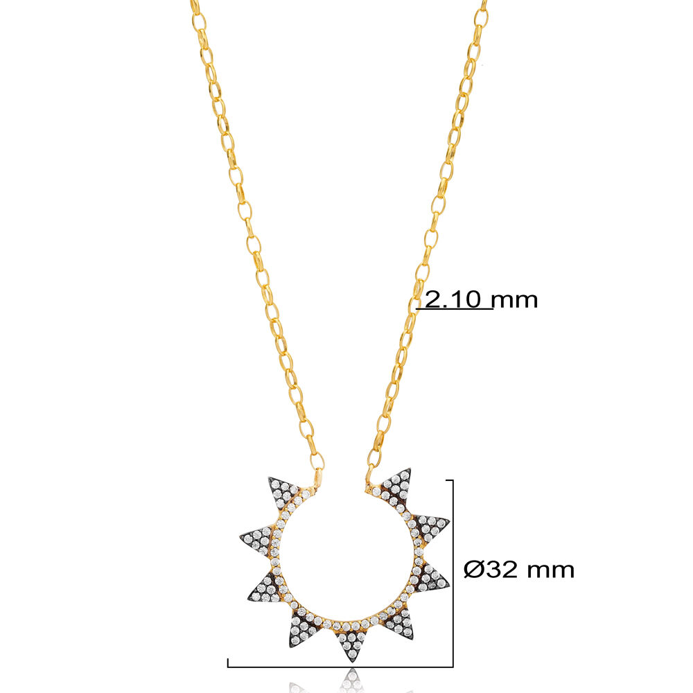 Sun Design Zircon Stone Charm Necklace Woman Pendant Turkish Handmade 925 Sterling Silver Jewelry