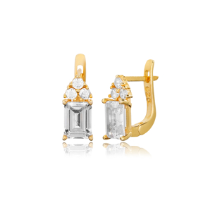 Shiny Baguette Zircon Stone Latch Back Earrings Turkish Handmade Wholesale 925 Sterling Silver Jewelry