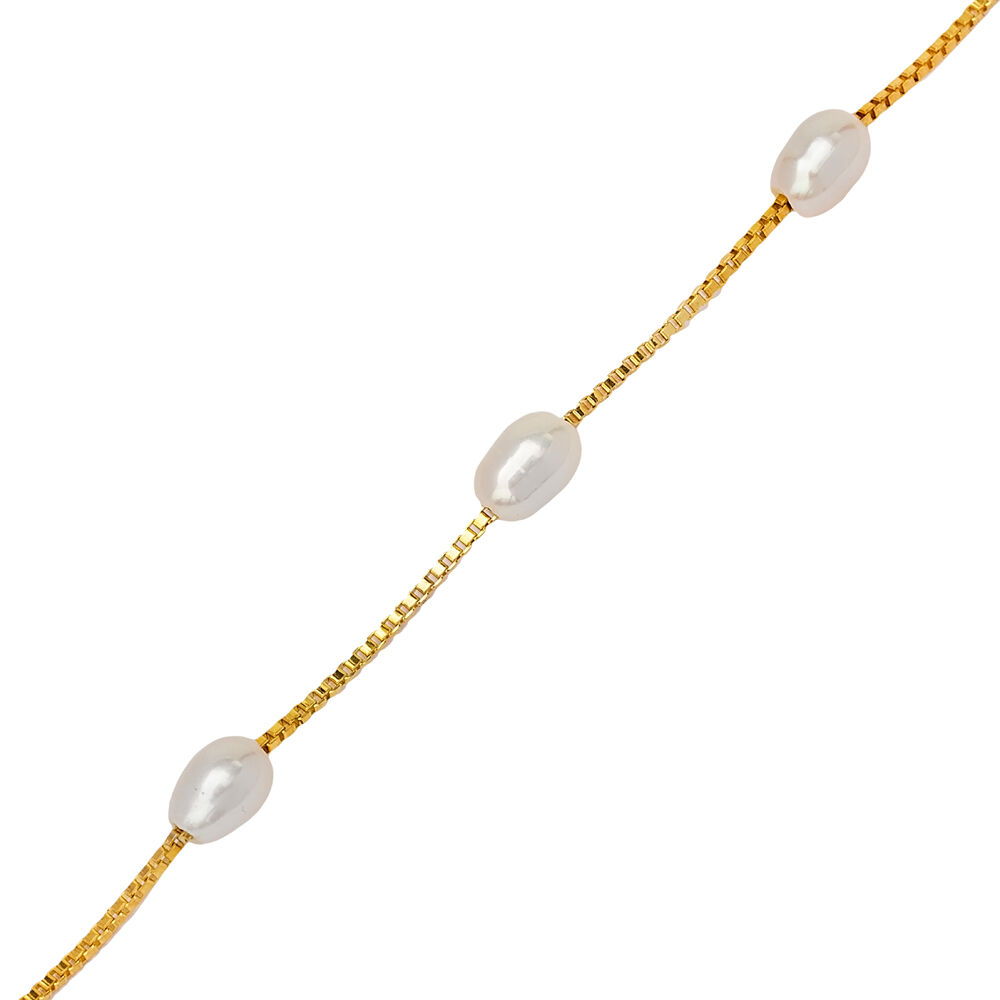 Oval Shape Pearl Design Box Chain Woman Bracelet Turkish Handcrafted Wholesale 925 Sterling Silver Jewelry