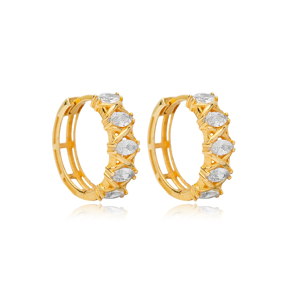 Marquise Cut Zircon Stone Hoop Earrings Turkish Handcrafted Wholesale 925 Sterling Silver Jewelry