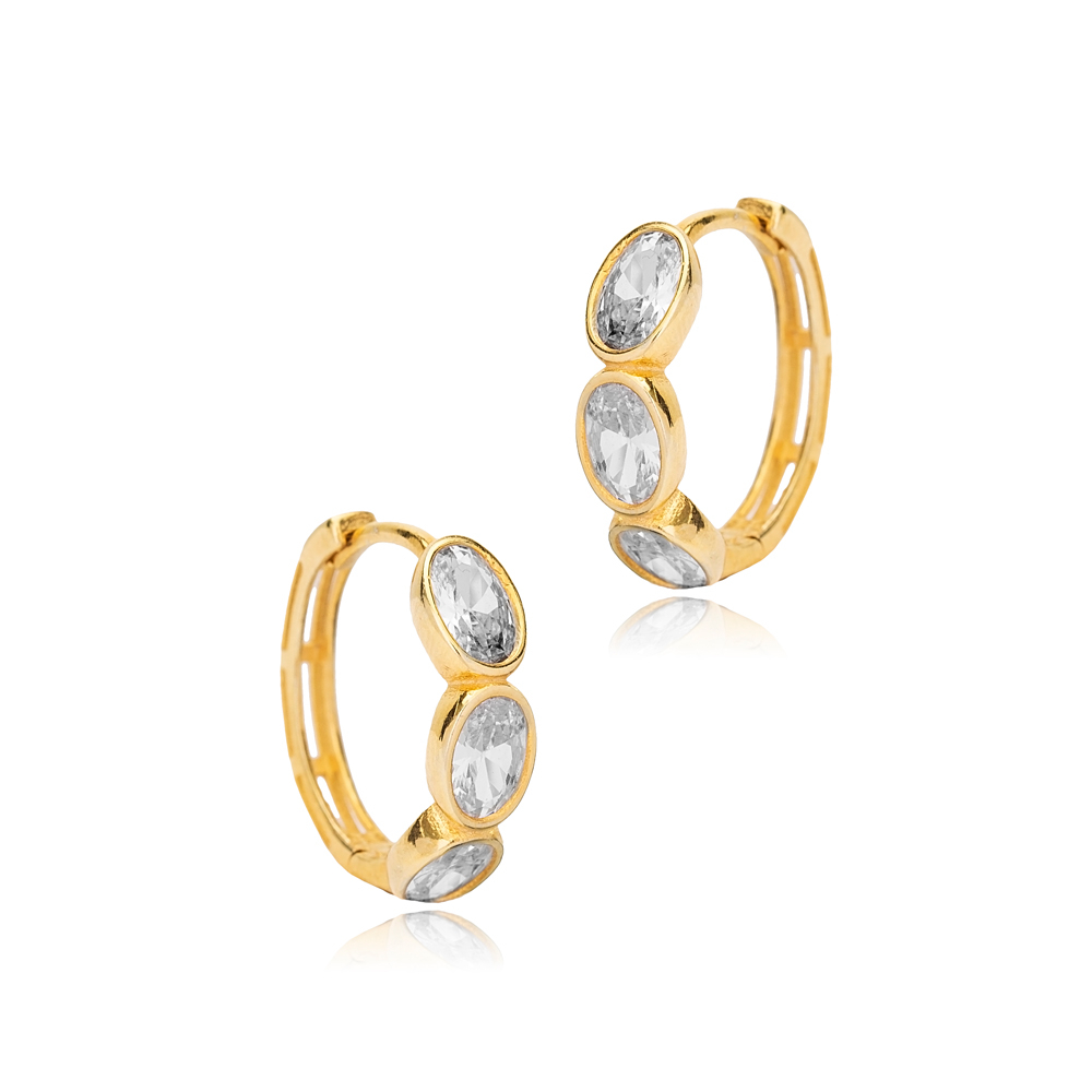 Triple Oval Shape Zircon Stone Hoop Earrings Turkish Handmade Wholesale 925 Sterling Silver Jewelry