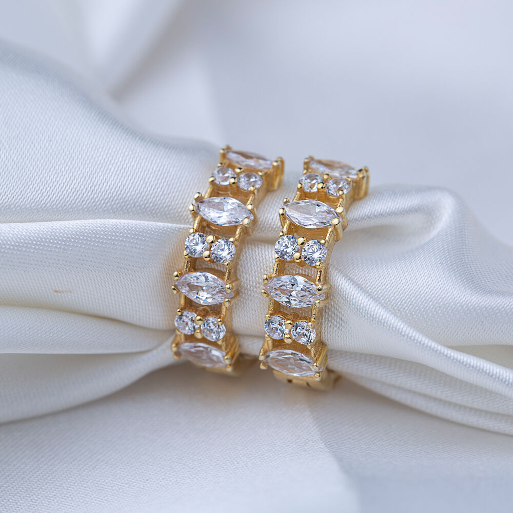 Almond Cut Round Zircon Stone Hoop Earrings For Woman Turkish Handmade Wholesale 925 Sterling Silver Jewelry
