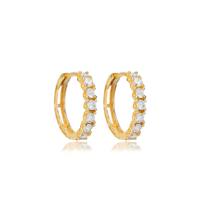 Shiny Round Shape Clear Zircon Stone Hoop Earrings Turkish Handcrafted 925 Sterling Silver Jewelry