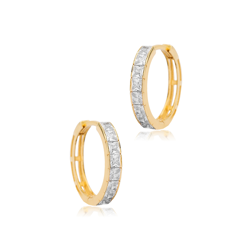 Square Geometric Shape Zircon Stone Hoop Earrings Turkish Handmade 925 Sterling Silver Jewelry