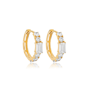 Round with Rectangle Shape Zircon Stone Hoop Earrings Turkish Handcrafted 925 Sterling Silver Jewelry