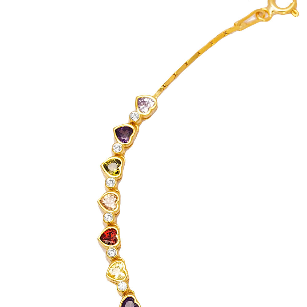 Heart Shape Colorful Zircon Stone Woman Anklet Turkish Handcrafted 925 Sterling Silver Jewelry