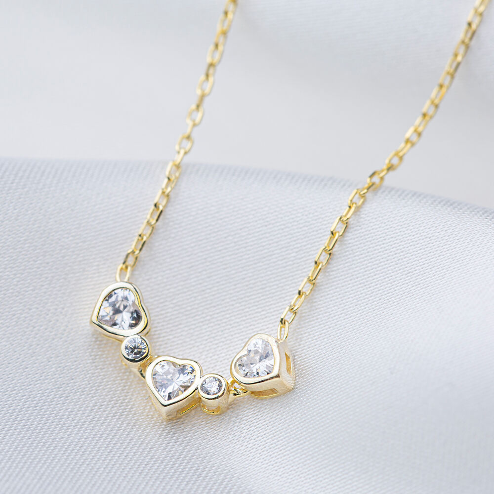 Triple Heart Shape Zircon Stone Shaker Necklace Turkish Handcrafted 925 Sterling Silver Jewelry