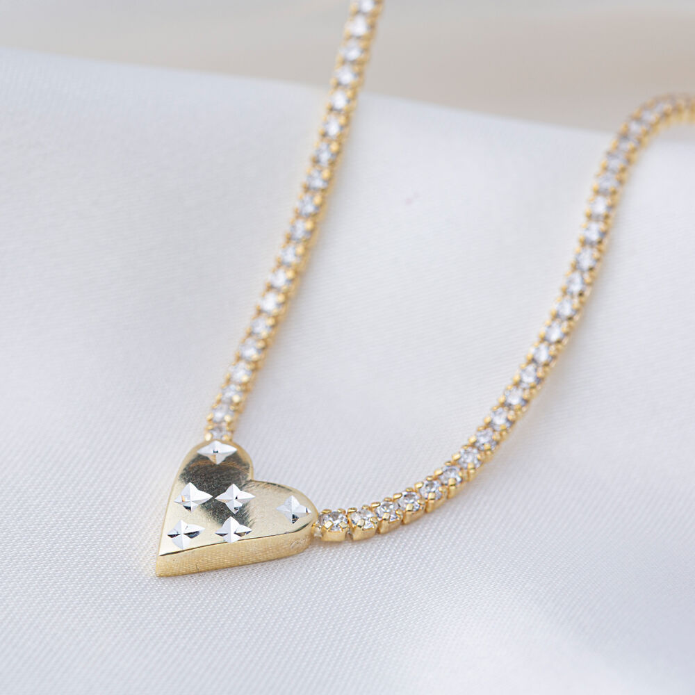 Love Design Heart Shape Charm Zircon Stone Tennis Necklace Turkish Handcrafted 925 Sterling Silver Jewelry