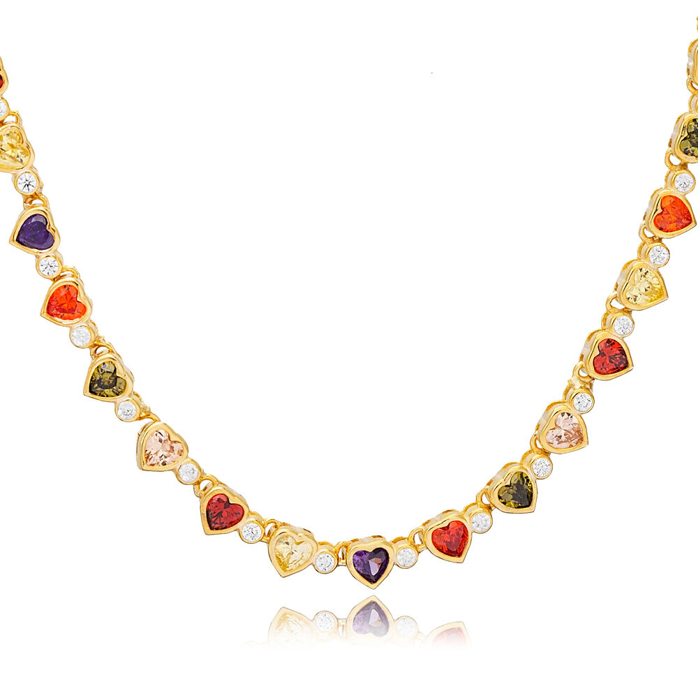 Heart Shape Colorful Zircon Stone Love Design Tennis Necklace Turkish Handmade Wholesale 925 Sterling Silver
