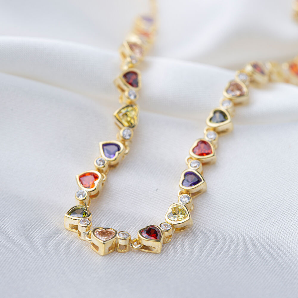 Heart Shape Colorful Zircon Stone Love Design Tennis Necklace Turkish Handmade Wholesale 925 Sterling Silver