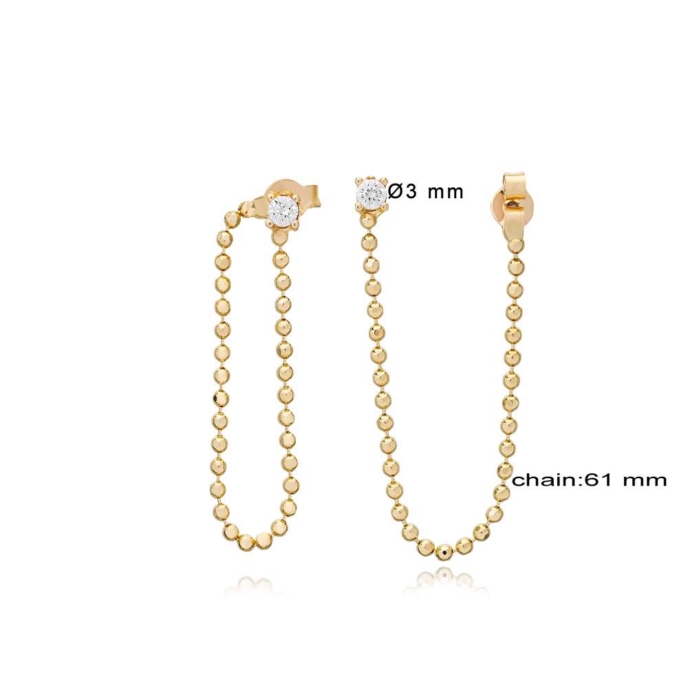 Ball Chain Design Zircon Stone Long Earrings Turkish Handmade 925 Silver Sterling Jewelry