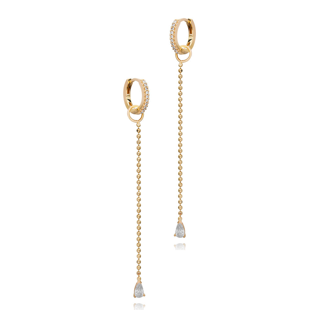 Ball Chain Design Pear Cut Zircon Stone Long Earrings Turkish Handmade 925 Silver Sterling Jewelry