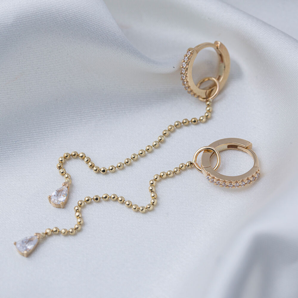 Ball Chain Design Pear Cut Zircon Stone Long Earrings Turkish Handmade 925 Silver Sterling Jewelry
