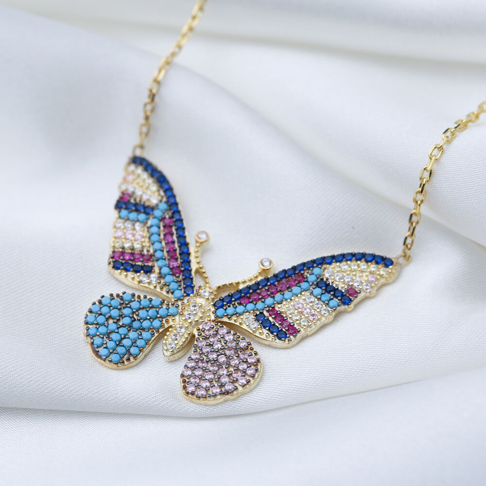 Rainbow Butterfly Animal Design Charm Necklace Turkish Handmade Wholesale 925 Silver Sterling Jewelry