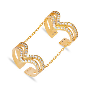 Clear Zircon Stone Double Chain Design Rings Turkish Handmade Wholesale 925 Sterling Silver Jewelry