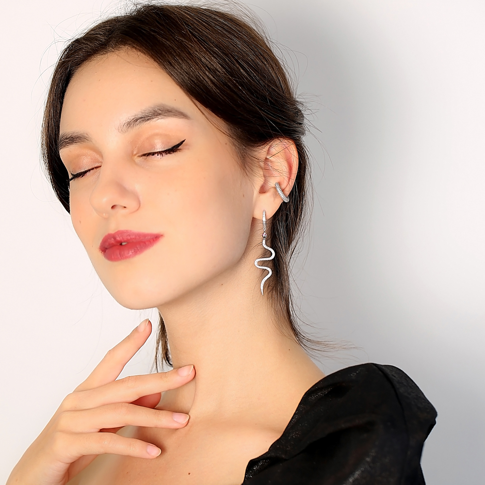 Snake Design Zircon Stone Pair Earrings Turkish Handmade Wholesale 925 Sterling Silver Jewelry
