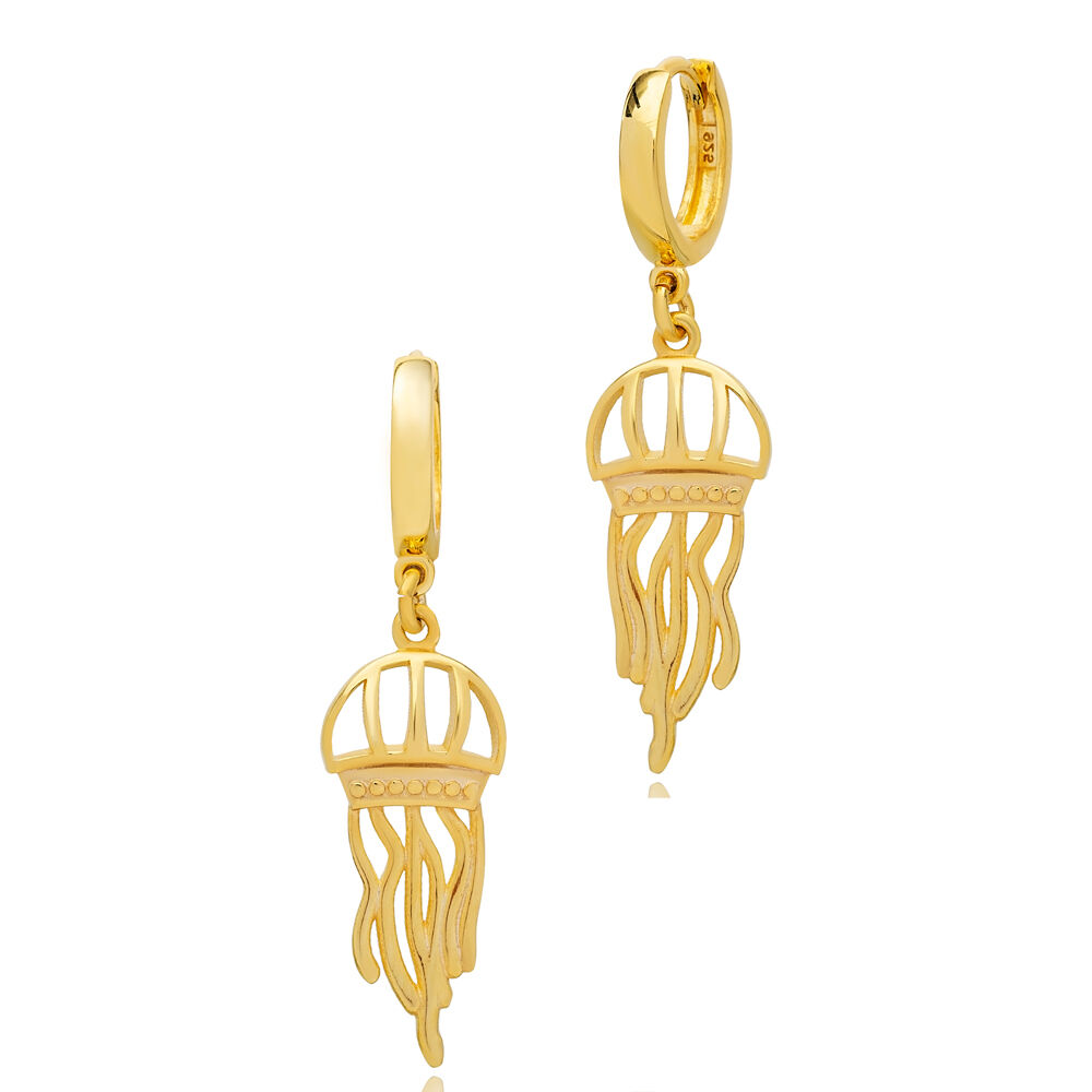 Plain Jellyfish Design Animal Trendy Dangle Earrings Turkish Handmade 925 Sterling Silver Jewelry