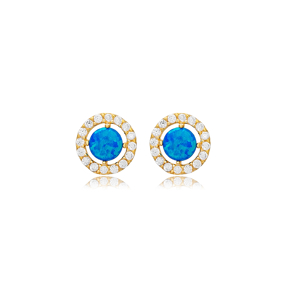 Blue Opal Stone Round Design Sterling Silver Stud Earrings