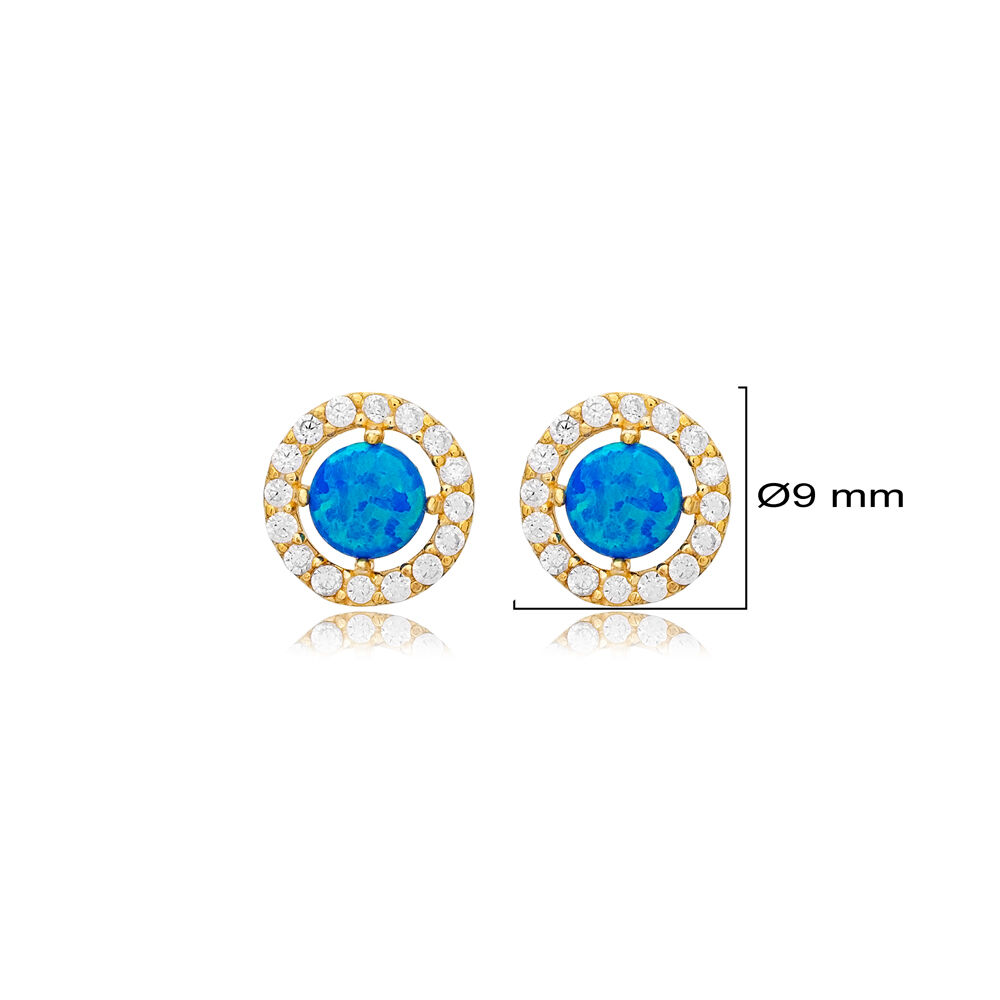 Blue Opal Stone Round Design Stud Earrings Turkish Handcrafted Wholesale 925 Sterling Silver Jewelry
