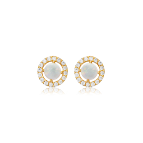 White Opal Stone Round Design Silver Handmade Stud Earrings