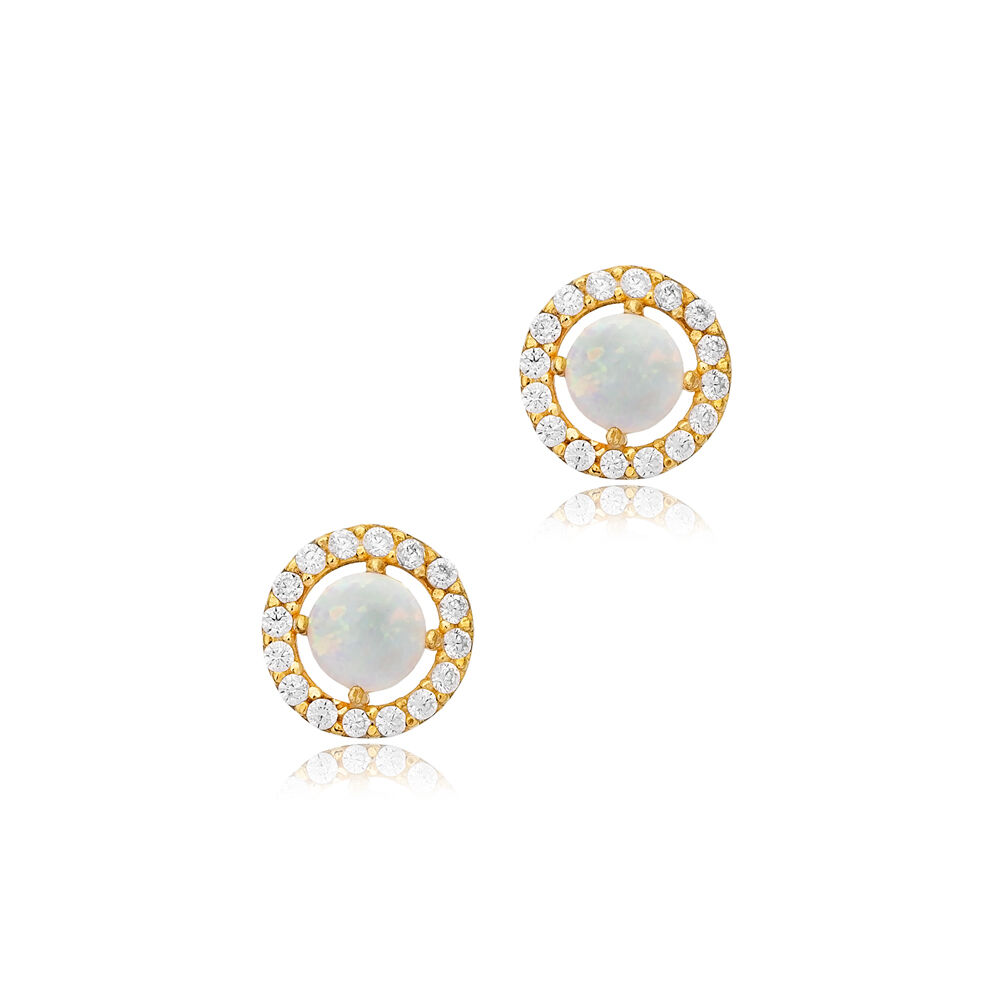 White Opal Stone Round Design Stud Earrings Turkish Handcrafted Wholesale 925 Sterling Silver Jewelry